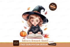 Young witch reading book with pumpkin girl Product Image 1