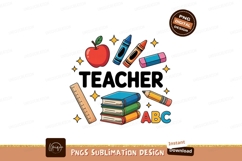 Red apple blue crayon orange crayon pink eraser wooden ruler Product Image 1