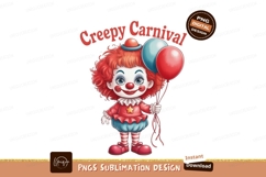 Red haired clown holding balloons blue carnival Product Image 1