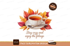 White teacup amber liquid autumn leaves saucer Product Image 1