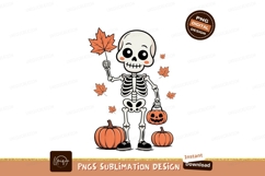Cute skeleton with pumpkins and leaves halloween autumn Product Image 1