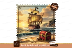 Galleon sailing ocean sunset treasure chest image Product Image 1