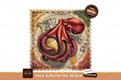 Red octopus embracing globe on vintage map image Product Image 1