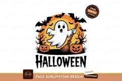 Spooky ghost with broom and pumpkins halloween Product Image 1