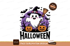 Happy ghost with witch hat and broom halloween Product Image 1