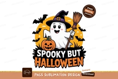 Happy ghost with pumpkin and broom halloween witch Product Image 1