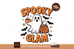 Spooky ghost holding coffee and purse leopard orange Product Image 1