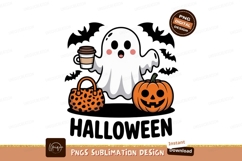 Cute ghost holding coffee cup with pumpkin halloween Product Image 1