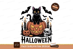 Black cat on carved pumpkin with skull and candles Product Image 1