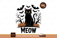 Black cat sitting with carved pumpkins halloween spooky Product Image 1