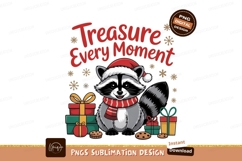 Festive raccoon wearing Santa hat and scarf surrounded by gi Product Image 1