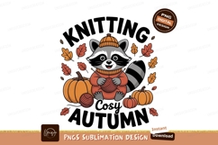 Raccoon knitting autumn leaves pumpkins fall Product Image 1