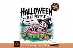Skeleton relaxing in watermelon float halloween witch Product Image 1