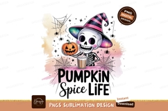 Skeleton holding pumpkin spice drink wearing witch hat Product Image 1