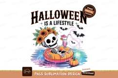 Skeleton relaxing with sunflowers and drink halloween Product Image 1