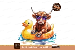 Highland cow relaxing on inflatable duck bull animal Product Image 1