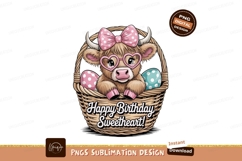 Highland cow in basket with birthday eggs pink Product Image 1