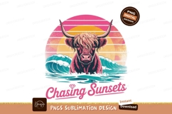 Highland cow surfing sunset waves image Product Image 1