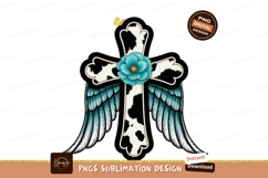 Angelic cross with cow print and turquoise flower wings Product Image 1