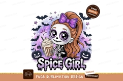 Skeleton girl holding coffee cup with pumpkins and bats Product Image 1