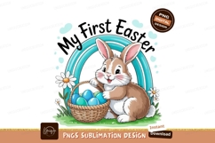 Bunny holding easter eggs with rainbow rabbit basket Product Image 1