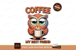 Tired owl holding coffee mug steam Product Image 1
