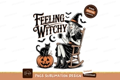 Witchy woman relaxing with coffee and cat halloween Product Image 1
