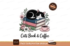 Sleeping cat on books with coffee and flowers image Product Image 1