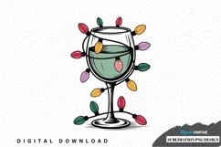 Festive wine glass with christmas lights sublimation png Product Image 1