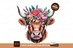 Highland Cow With Flower Crown Art PNG Product Image 1