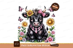 Cute Cartoon Cow With Flowers Sublimation PNG Product Image 1