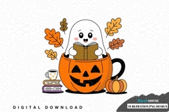 Cute ghost reading in pumpkin mug sublimation design Product Image 1