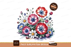 Watercolor Anemone And Daisy Floral Arrangement PNG Product Image 1