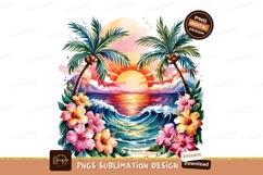 Watercolor Beach Sunset Palm Trees Hibiscus PNG Product Image 1