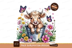 Cute Cow In Bucket Surrounded By Flowers Sublimation Png Product Image 1