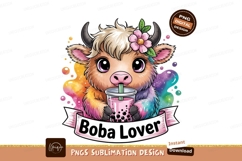 Cute Highland Cow Drinking Boba Tea Sublimation Png Product Image 1