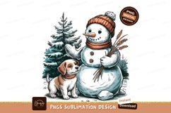 Puppy Friends With Snowman Winter Scene Sublimation Png Product Image 1
