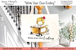 Sweet little girl reading a book with art supplies in hand, to create with the sentiment, Write Your Own Ending illustration