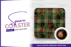 Christmas plaid pattern with berries and pine Square Coaster Product Image 1