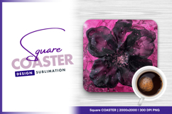 Black flower with pink splatter abstract art square coaster Product Image 1