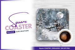 Wolf in snowy winter landscape with moon square coaster png Product Image 1
