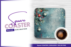 Christmas ornaments and berries on blue Square Coaster Product Image 1