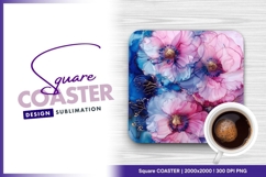 Pink blue floral alcohol ink art square coaster png Product Image 1
