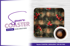 Festive berries on plaid texture square coaster png Product Image 1