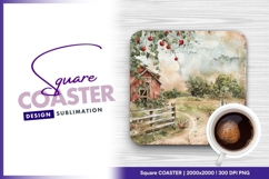 Watercolor farm scene with red barn square coaster png Product Image 1