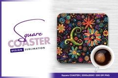 Psychedelic flowers on black background square coaster Product Image 1