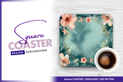 Floral hibiscus frame on teal background Square Coaster Product Image 1
