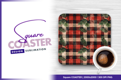 Buffalo plaid with evergreen branches and Square Coaster Product Image 1