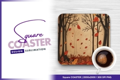 Autumn forest with falling leaves square coaster png Product Image 1