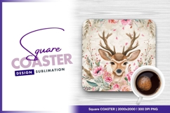 Deer head framed by pink watercolor flowers square coaster Product Image 1